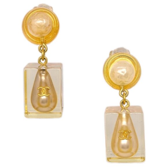 Chanel Dangle Earrings Clip-On Gold Acrylic 97P - Picture 1 of 4